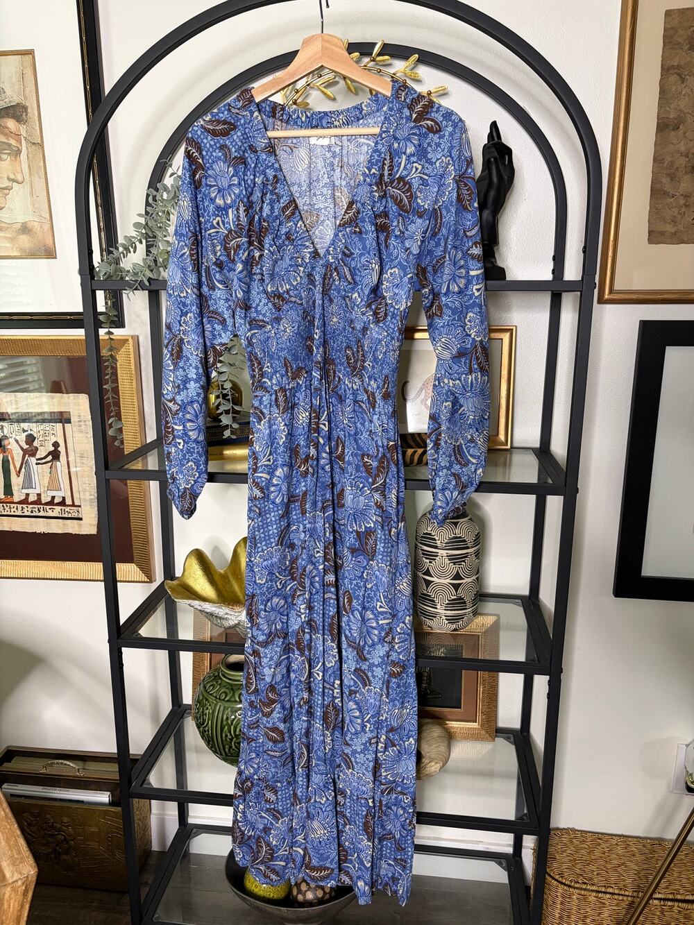 Japna Womens Blue Brown Floral Maxi Dress M Smocked Waist V Neck Boho